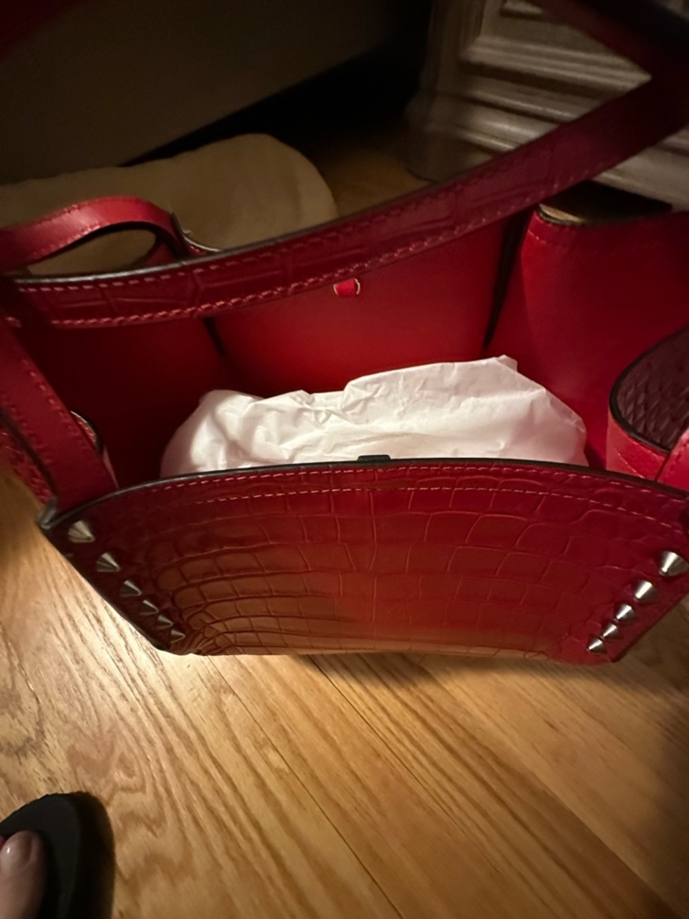 Christian Louboutin Red Croc-Embossed Studded Tote - Picture 3 of 4